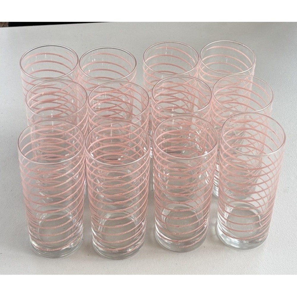 Vintage Mid-Century Pink Spiral Stripe Highball Glasses - Set of 12 MCM Tumblers